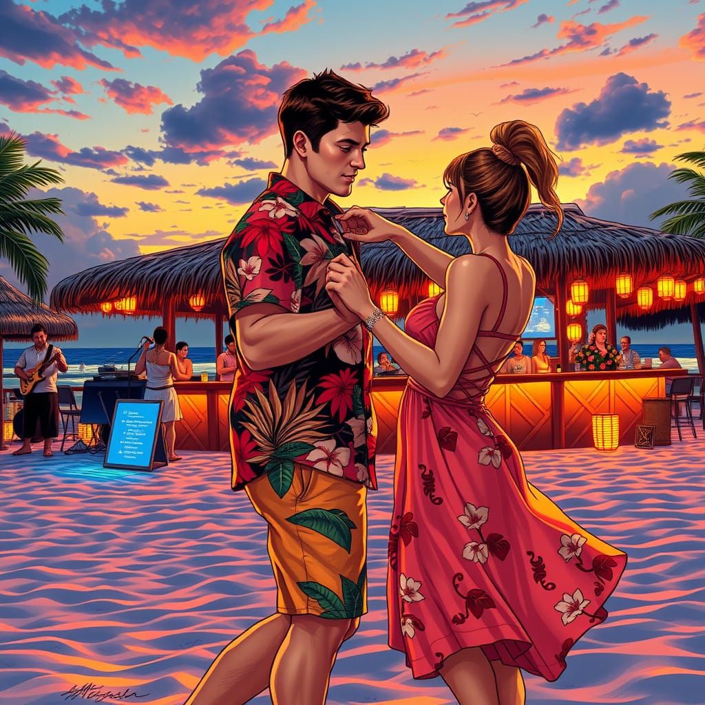Couple Dancing on Beach in Comic Book Style