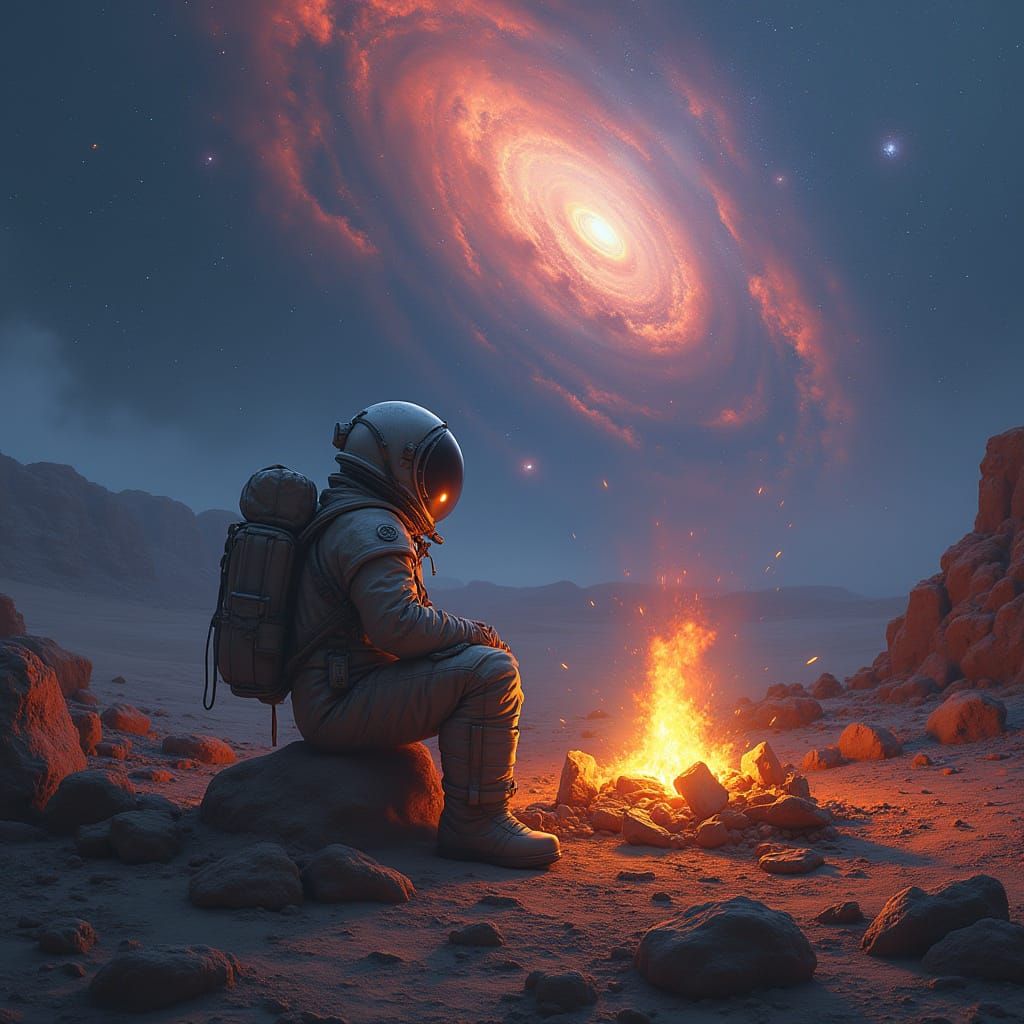Astronaut Campfire on Alien Planet with Nebula
