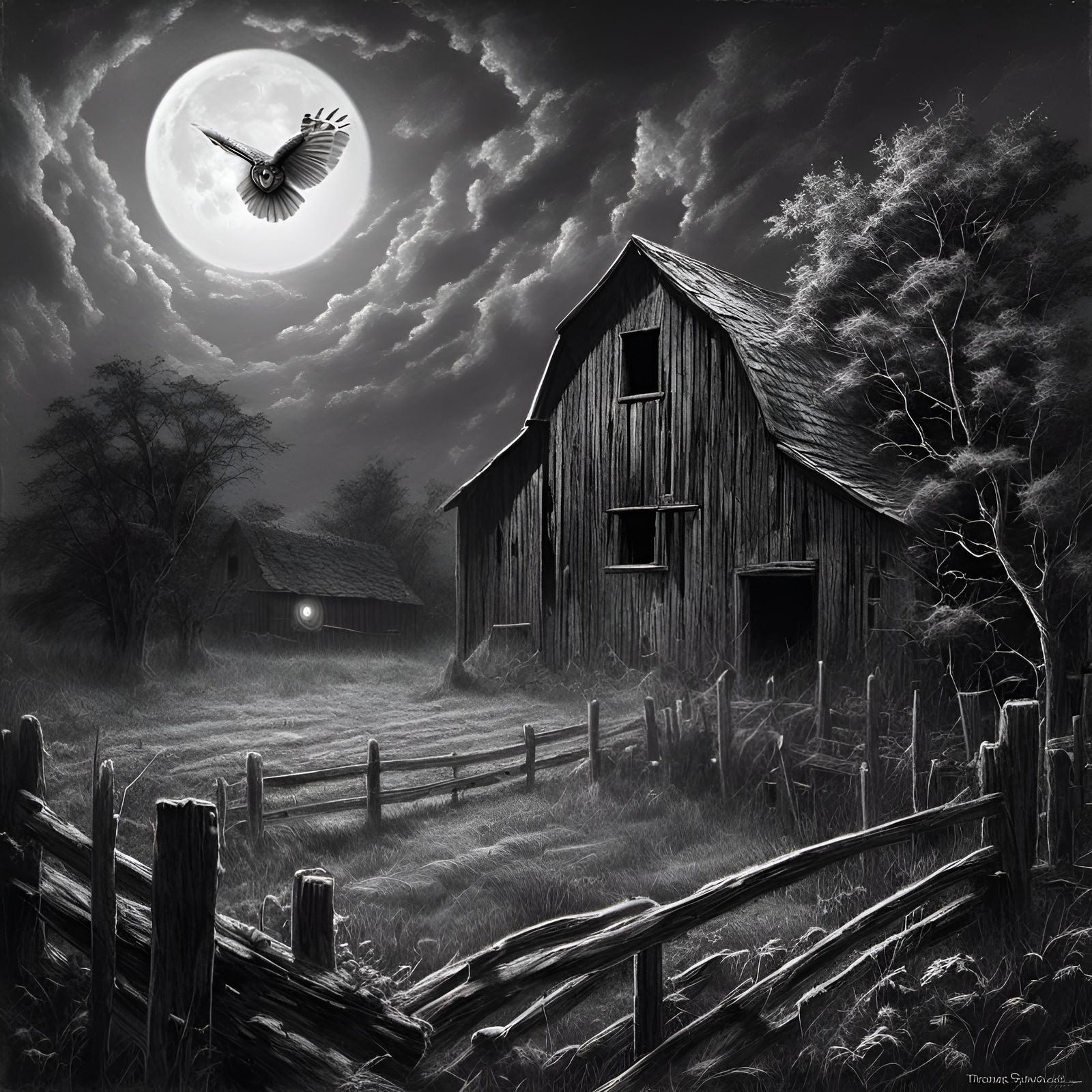 Owl on Fencepost at Moonrise, Charcoal Drawing Style