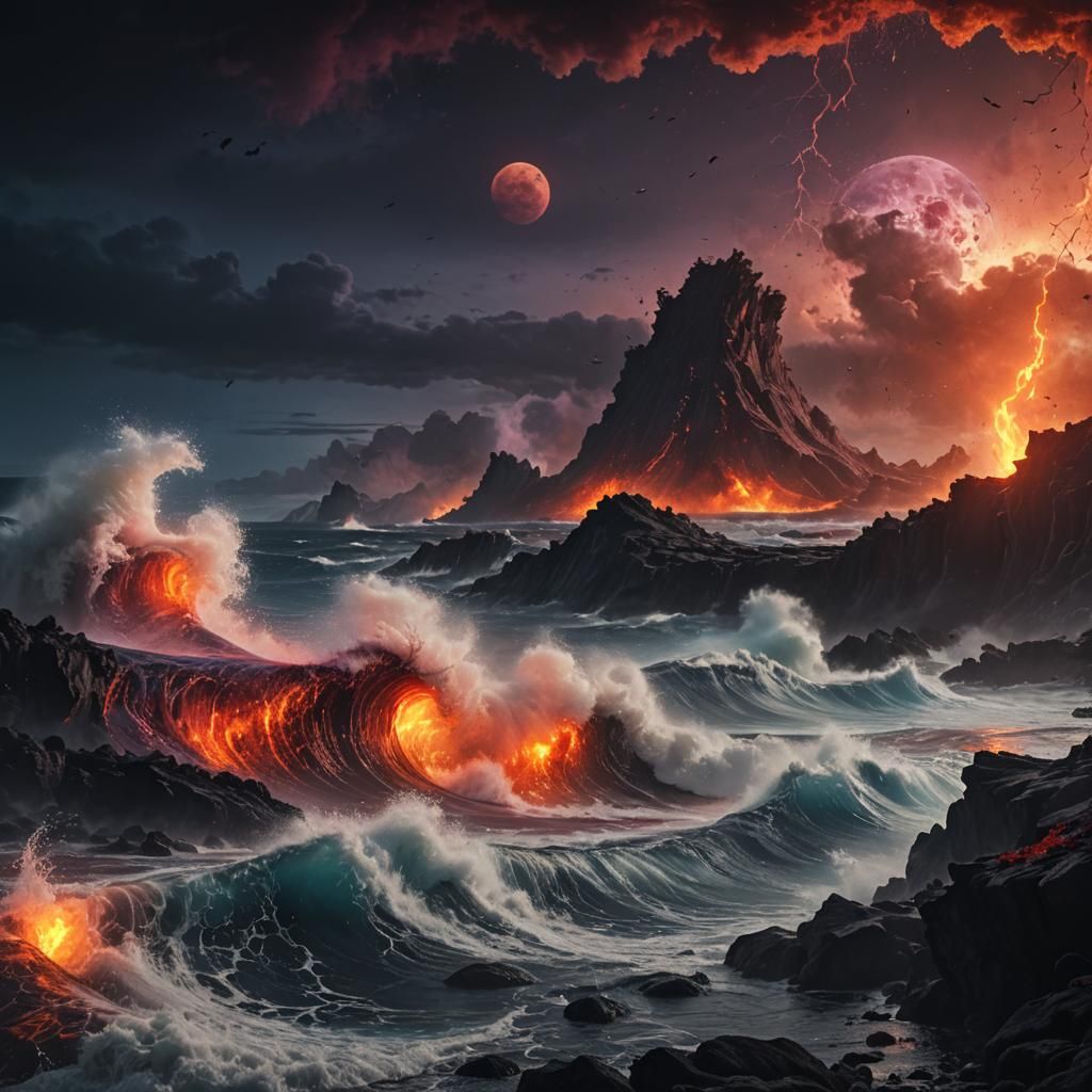 Hellish Tsunami Under Black Moon: Dark Fantasy Art