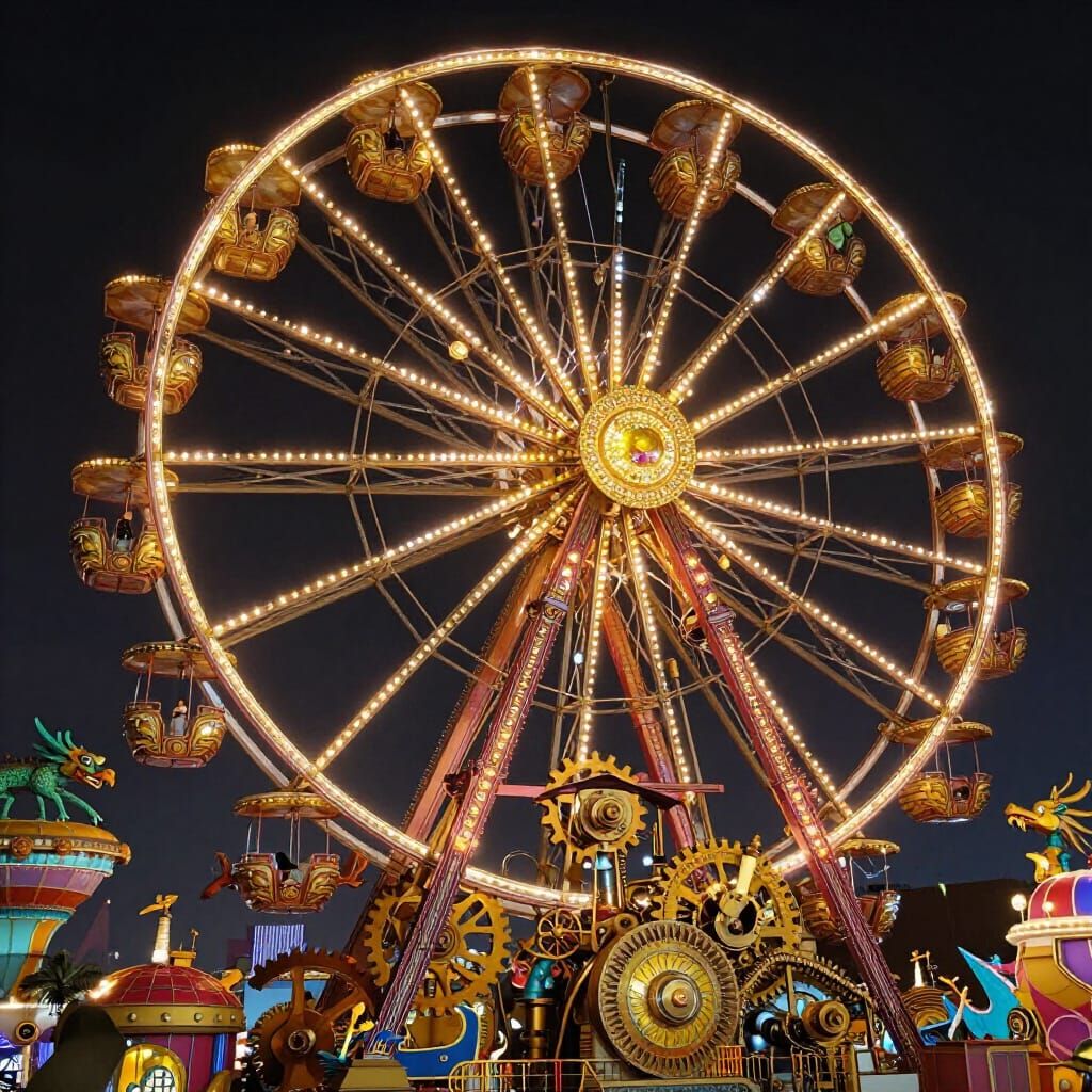 Steampunk Ferris Wheel with Dragons and Children
