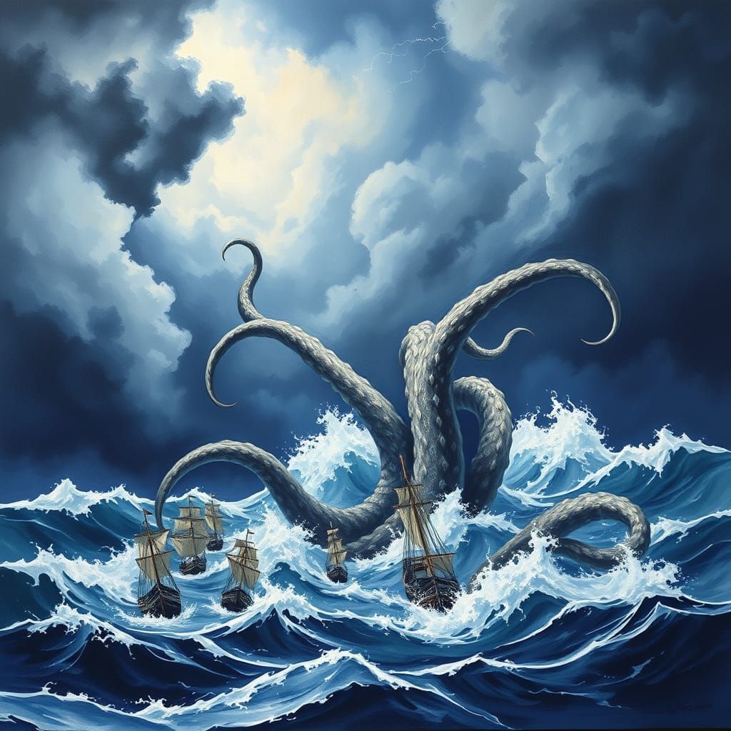Monstrous Sea Kraken Engulfing Sailing Fleet