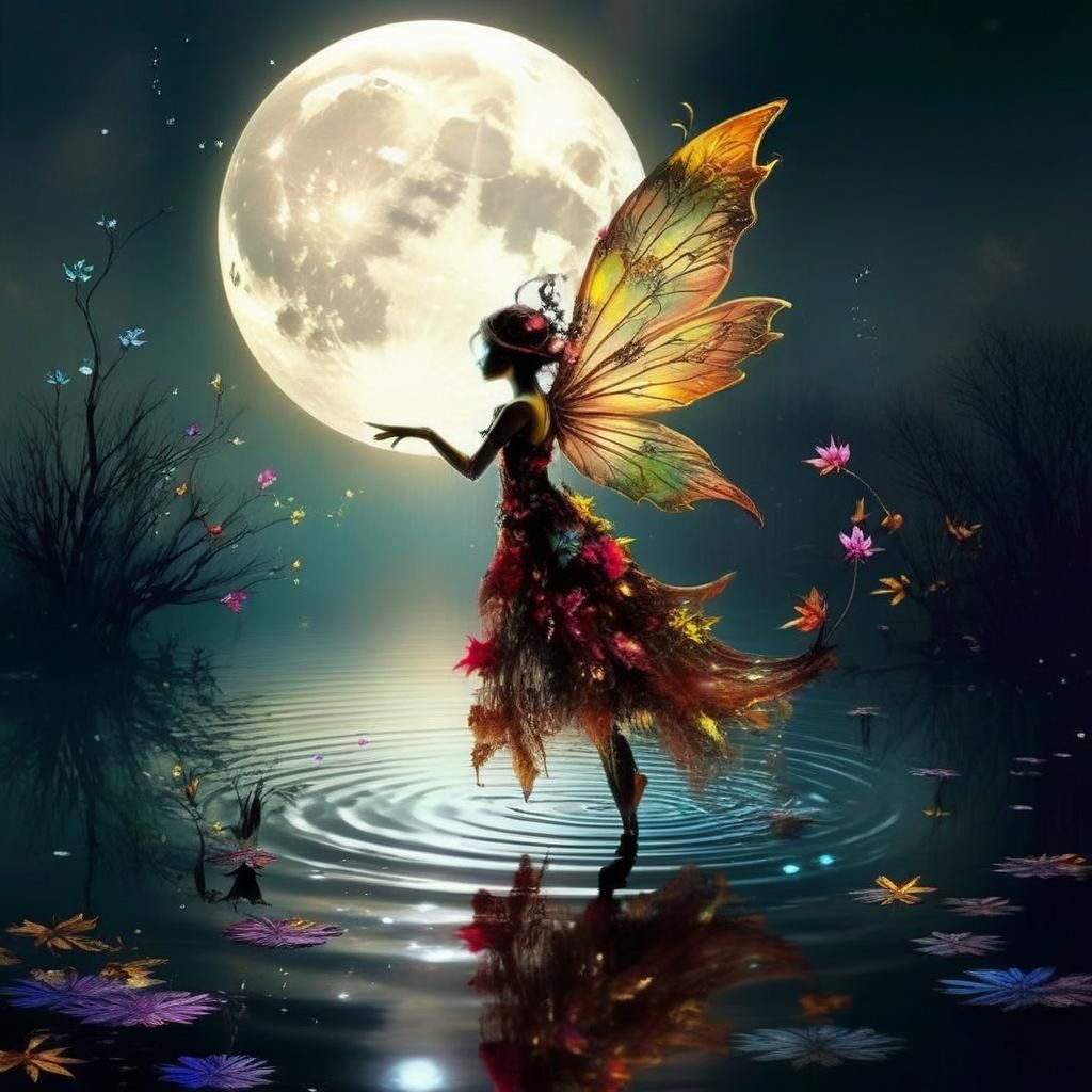 Bioluminescent Fairy Dance on Moonlit Pond