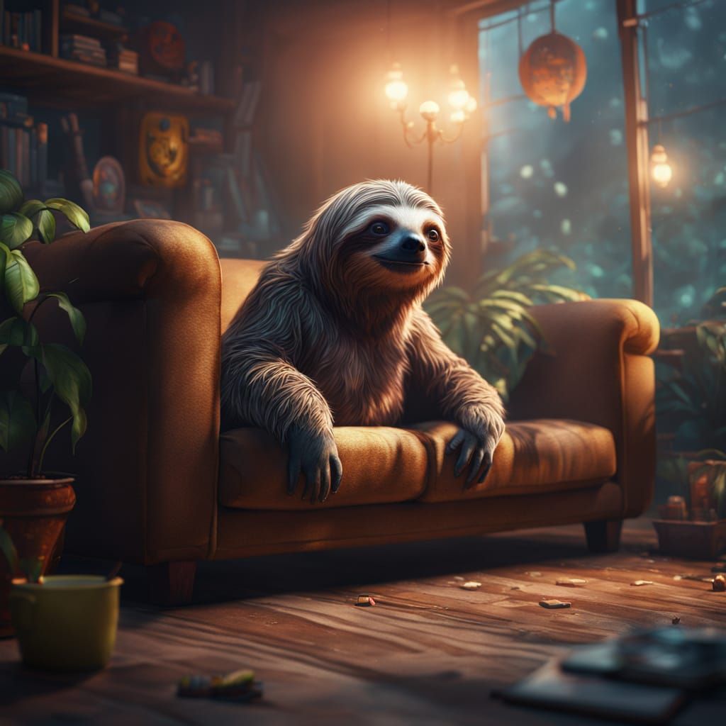 Sloth Watching TV on Sofa in Epic Fantasy Style