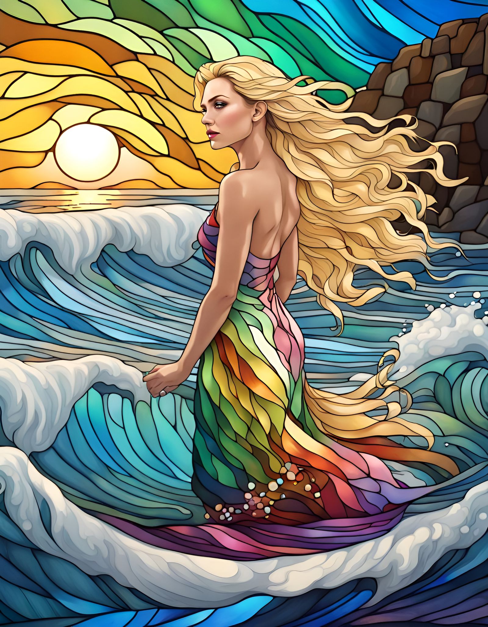 Stained Glass Woman on a Rainbow Beach
