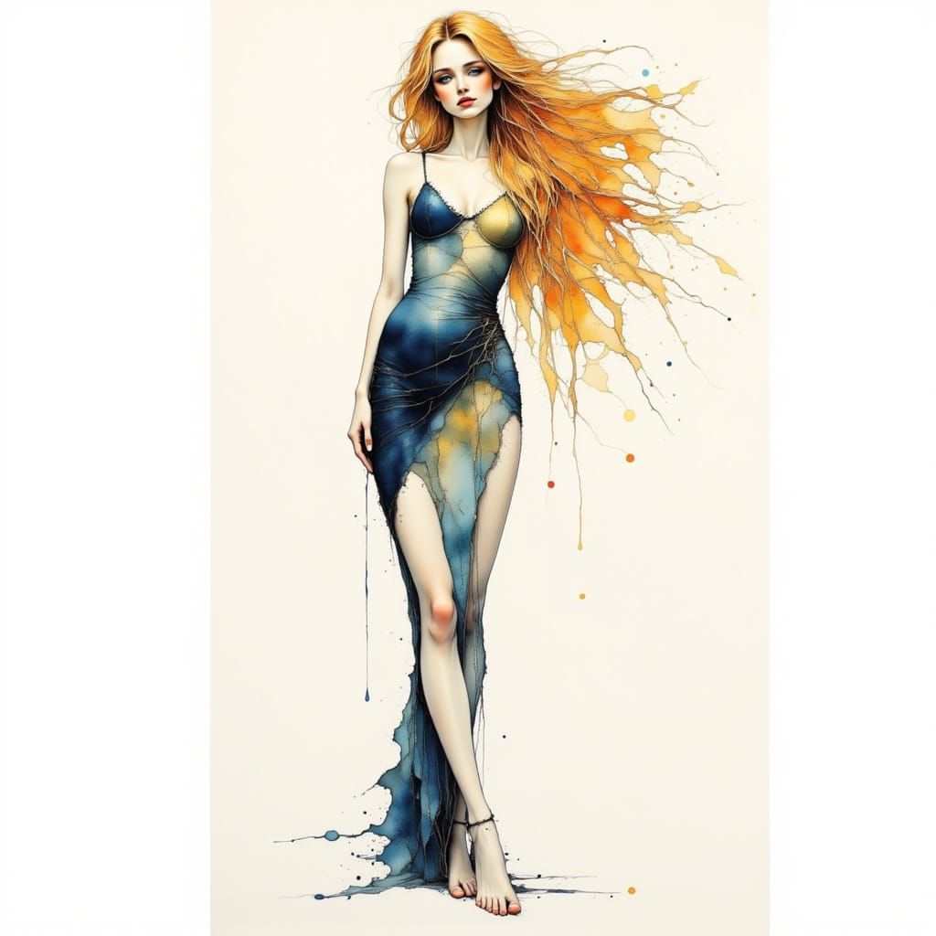 Beautiful Maiden in Minimalist Ink Drawing Style