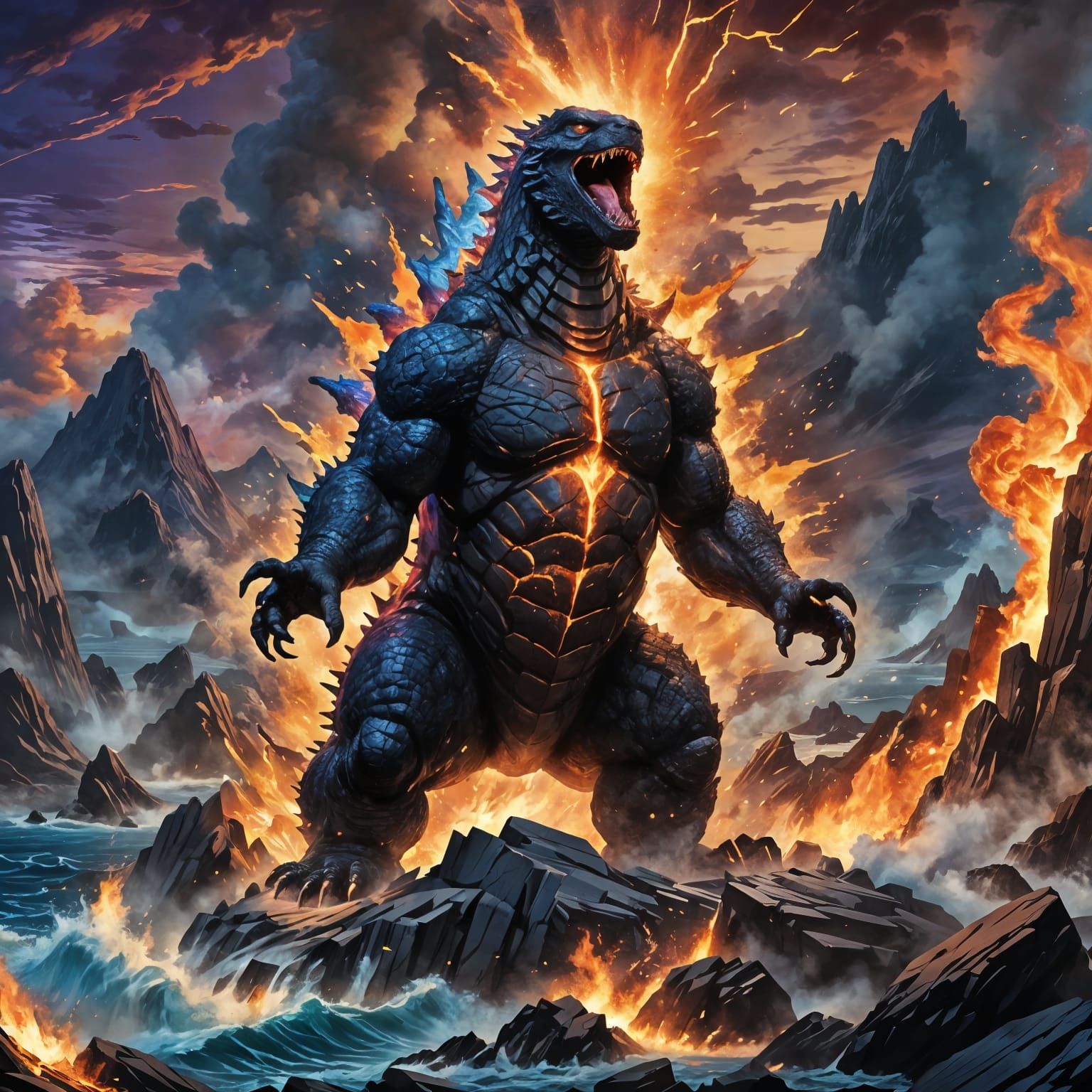 Godzilla Blasting Fire on Island: Fantasy Concept Art