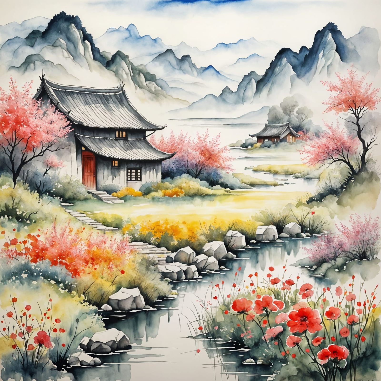 Cottage in Meadow Inspired by Chinese Painting