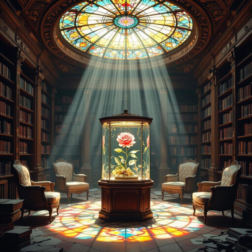 Abandoned Library with Jeweled Rose, Art Nouveau Style