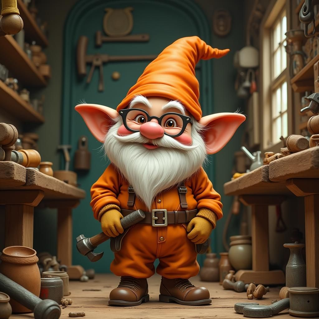 Gnome Handyman in Whimsical Fantasy Workshop