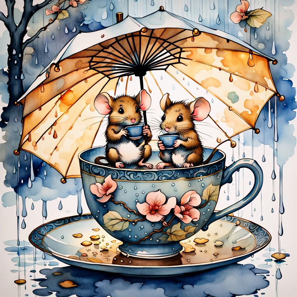 Mice in Teacup: Whimsical Japanese-Style Art