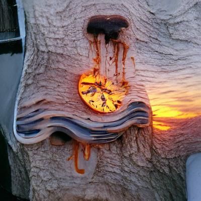 Surreal Melting Clock on Tree at Sunset