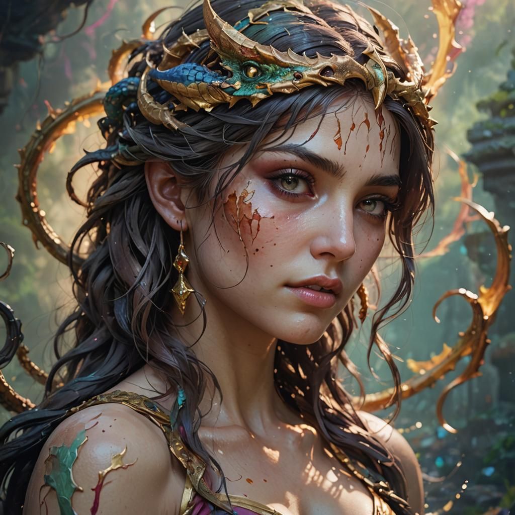 Hyperrealistic Lamia Portrait in Splash Art Style