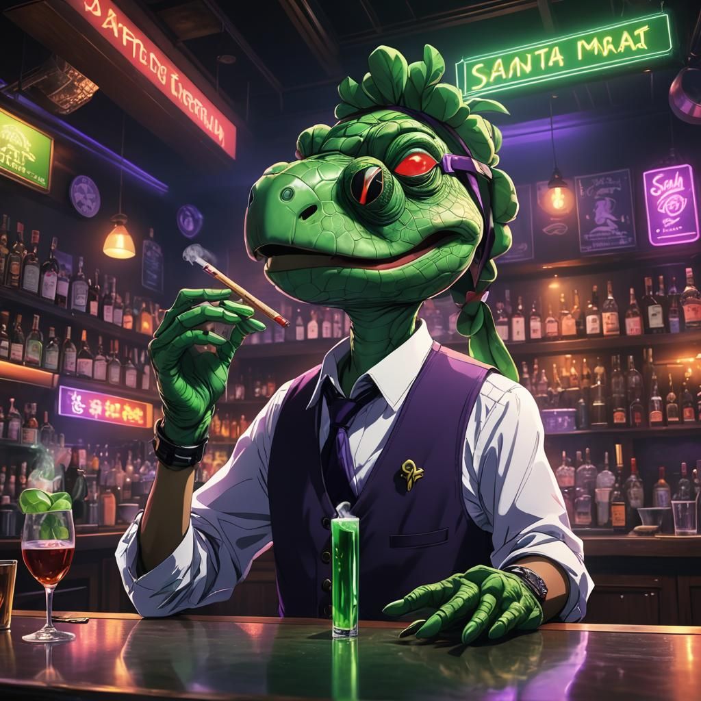 Turtle Bartender Smoking in Neon Lit Bar