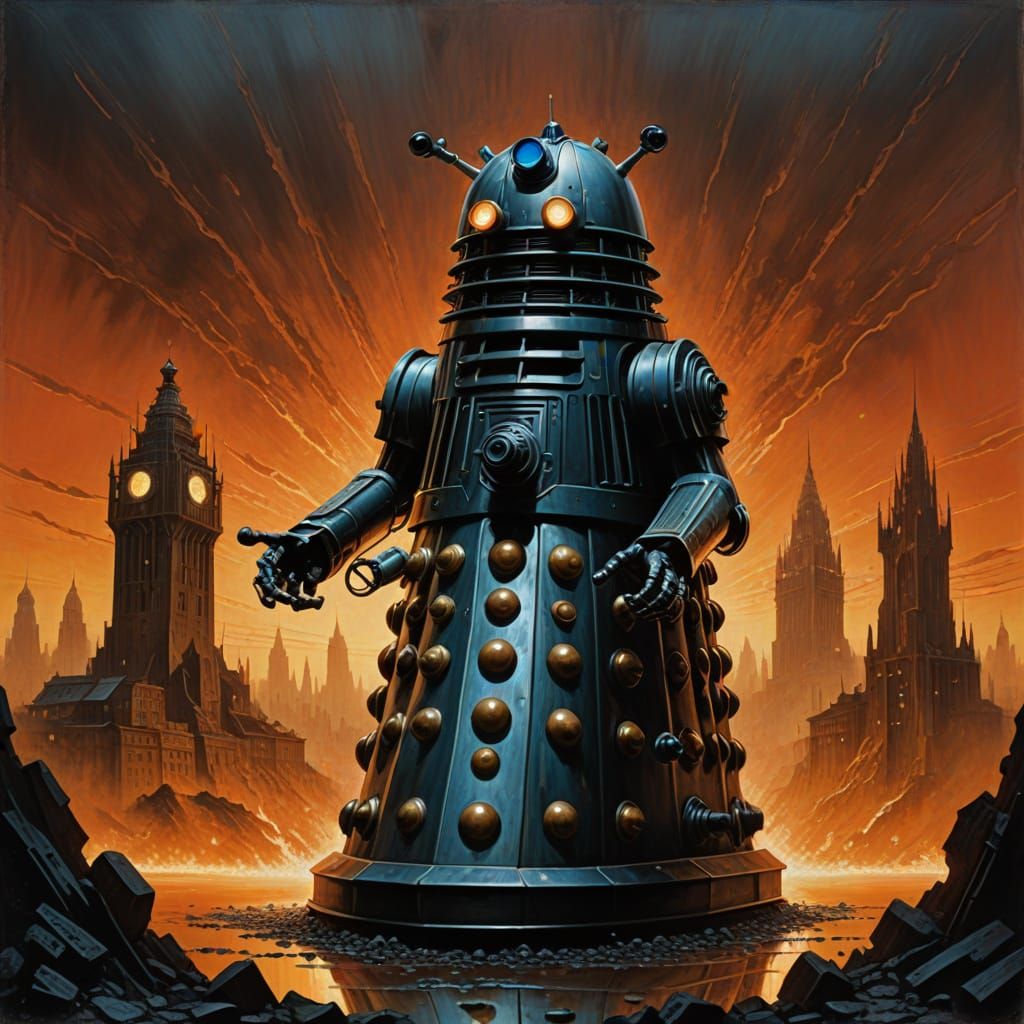 Cyborg Dalek Ascends a Melting Cityscape in Dark Surrealism