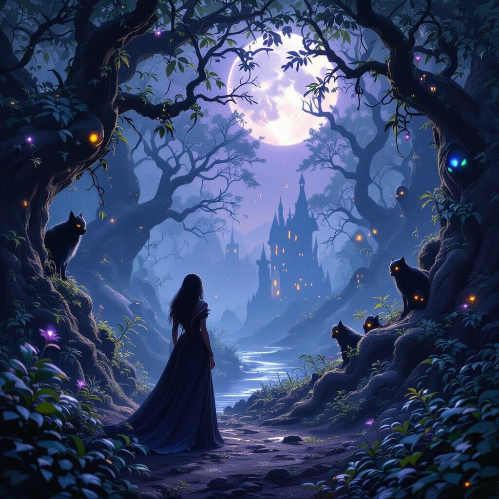 Enchanted Forest Moonlight Scene with Mystical Creatures
