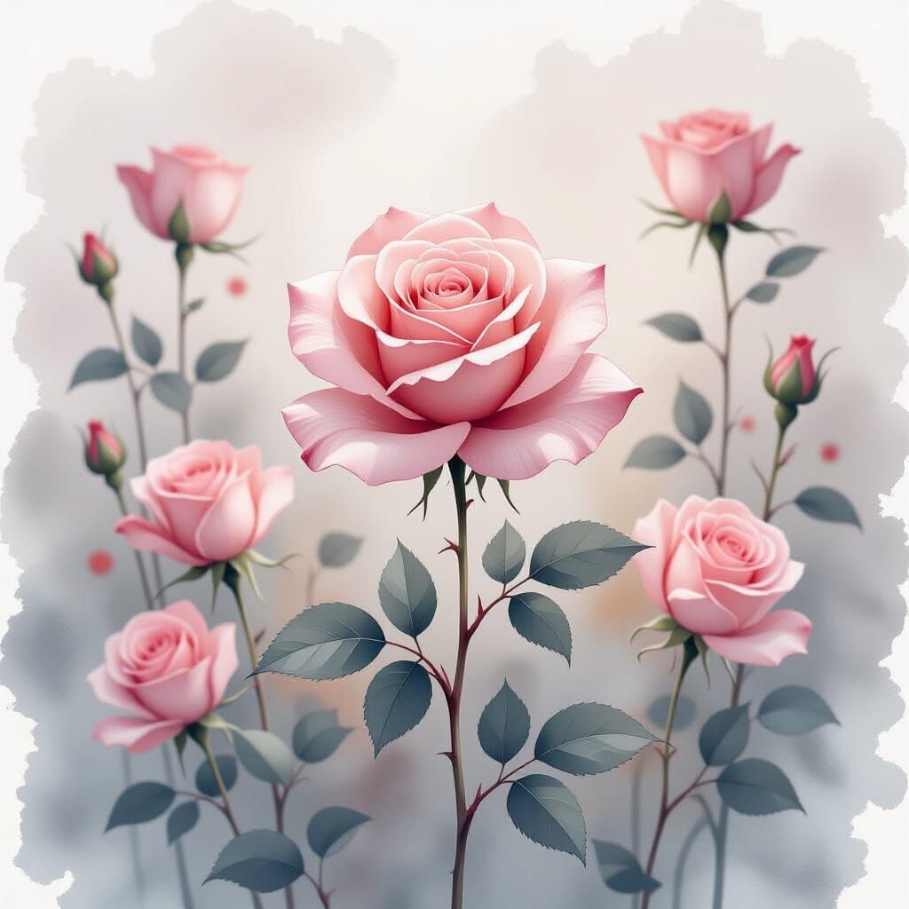Muted Pink Rose in Watercolor Alcohol Ink Style