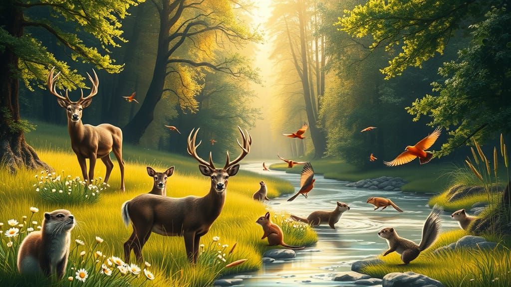 Serene Wildlife Gathering in Vibrant Forest Landscape