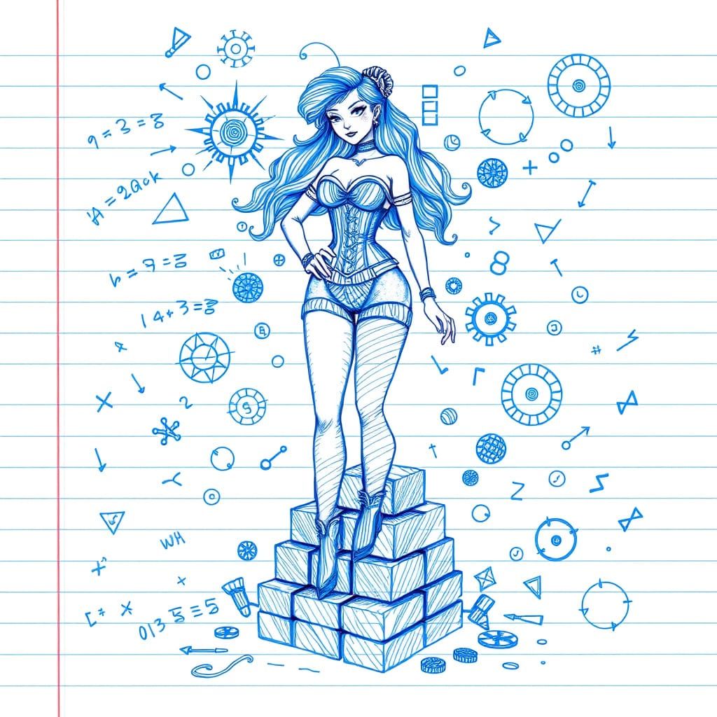 Steampunk Woman Whimsy in Intricate Blue Bic Pen Scribbles