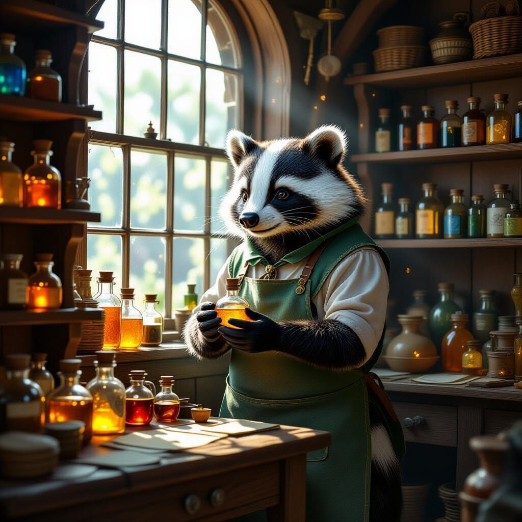 Anthropomorphic Badger Apothecary in Fantasy Digital Matte P...