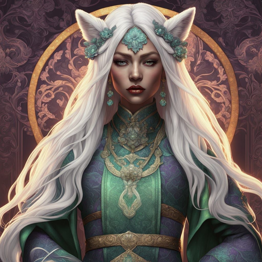 Kitsune Woman with Tarot Cards: Hyperrealistic Fantasy Art