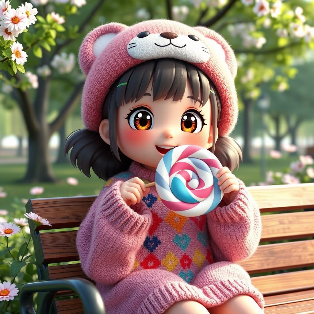 Playful Girl with Lollipop in Anime Style