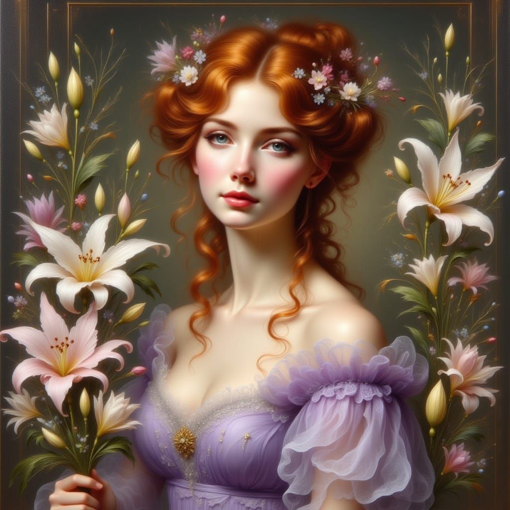 Victorian Woman in Silk Dress Holding Lilies