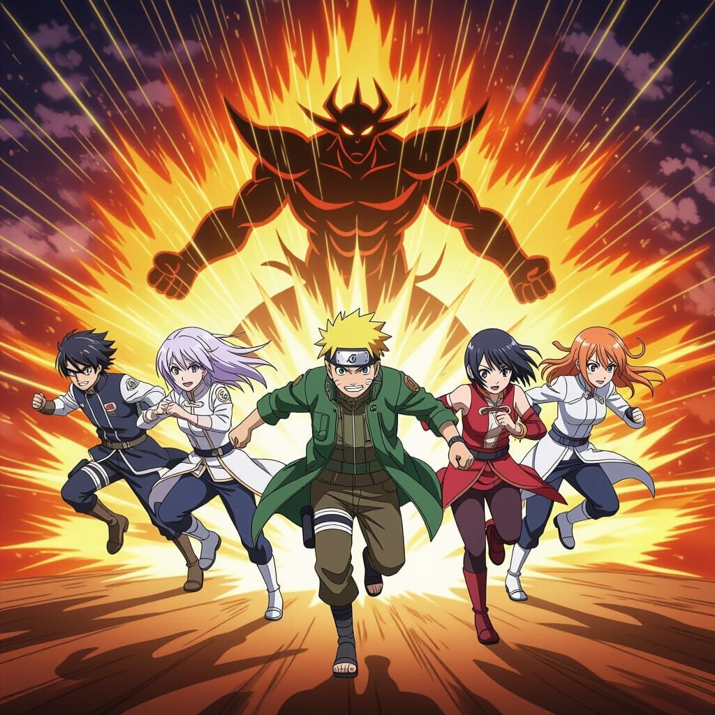 Anime Heroes Charge Villain with Explosive Energy