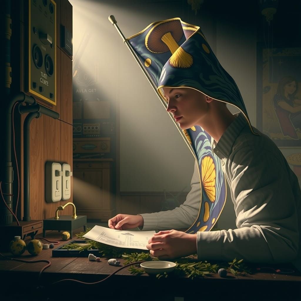 Whimsical Surrealist Landscape with Oversized Mushroom Flags...