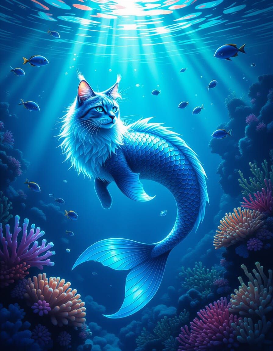 Mystical Cat-Mermaid in Bioluminescent Coral Reef