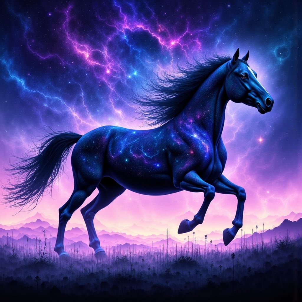 Black Horse Galloping Across Astral Sky