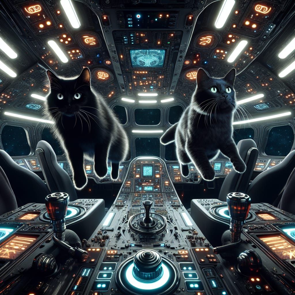 Black Cats Explore Futuristic Cockpit in Zero Gravity