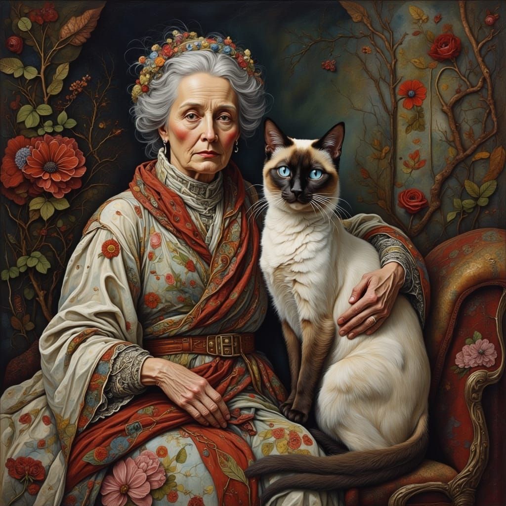Regal Siamese Cat and Woman Portrait in Oil