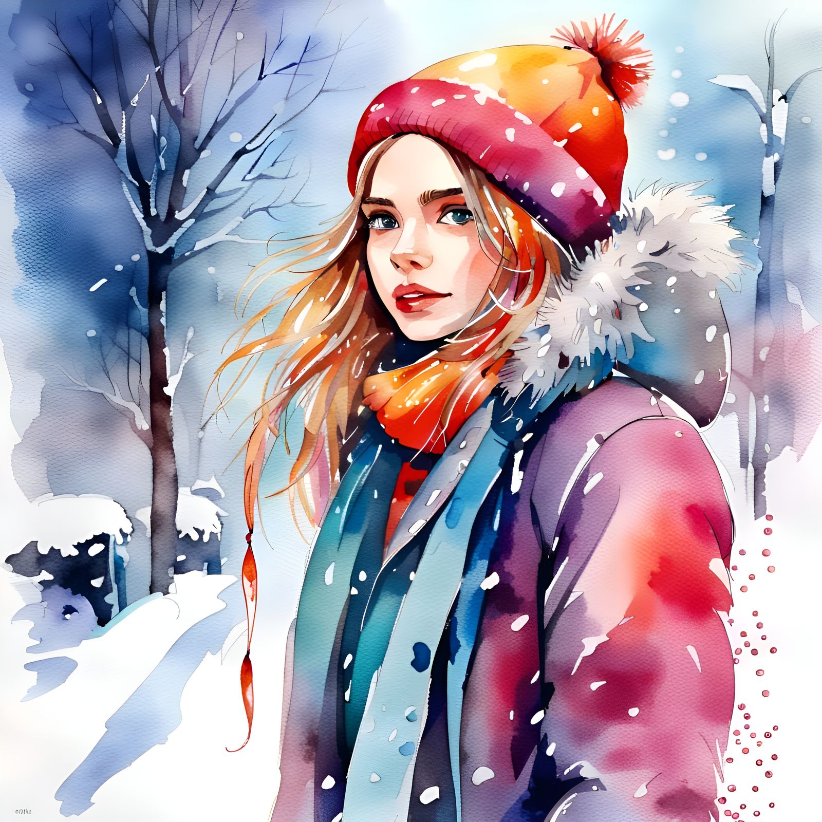Watercolor Winter Wonderland with Girl in Coat