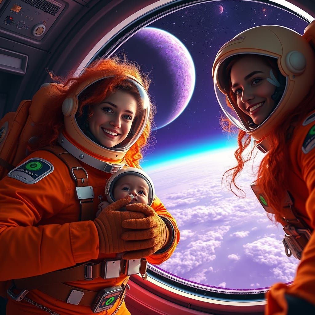 Astronauts in Shimmering Orange Suits Explore Vibrant Purple...