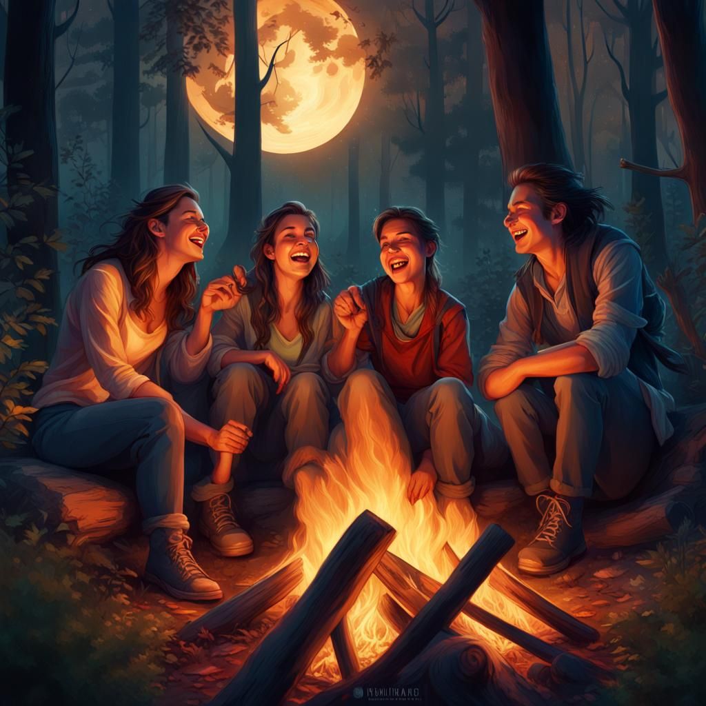 Moonlit Campfire: Digital Illustration of Friends in Forest