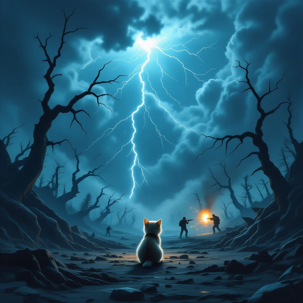 Alien Planetscape With Kitten Amidst Lightning Storm and Fir...