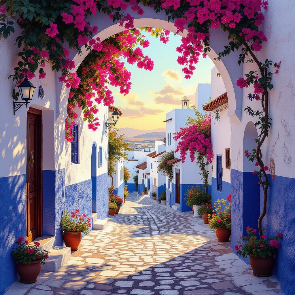 Tunisian Village at Golden Hour in Atmospheric Style