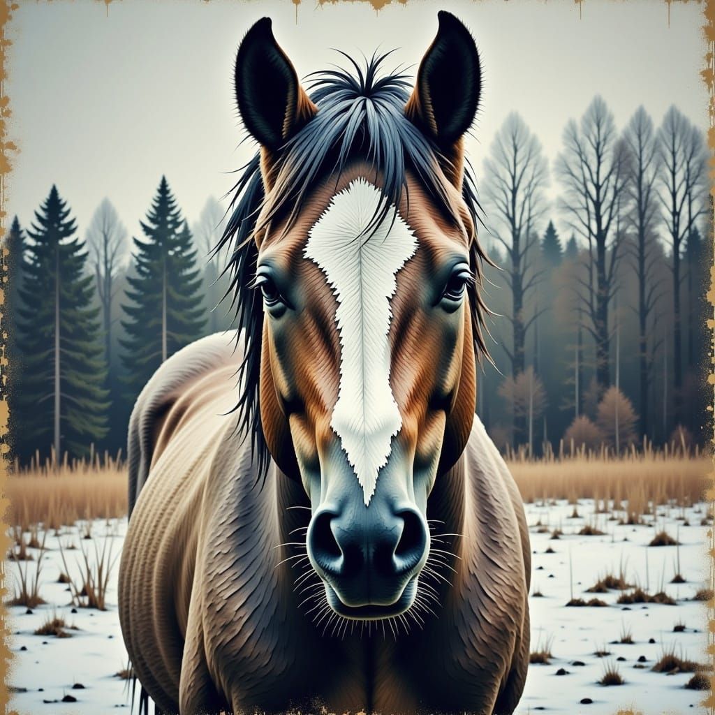 Pixelated Horse in Winter Pasture with Distressed Effect