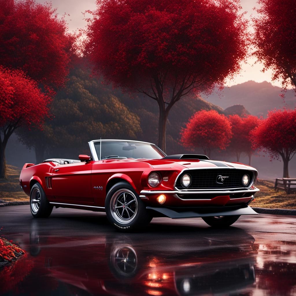 1969 ford mustang convertible, bright red