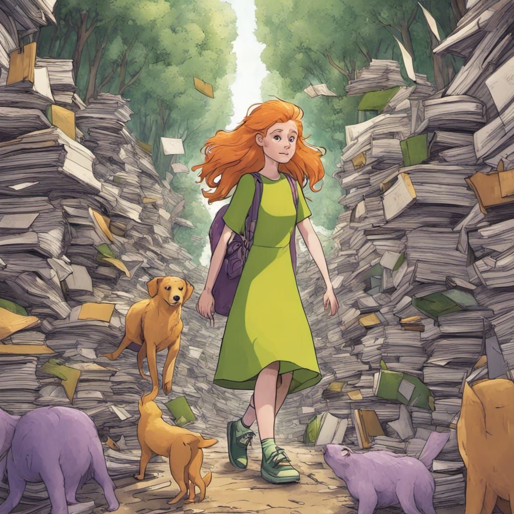 Young Woman in Book Forest with Three-Tailed Dog