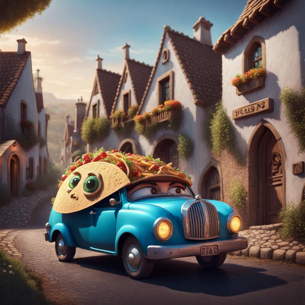 Imaginary fantasy taco car  with face and eyes   wondering through a gothic village