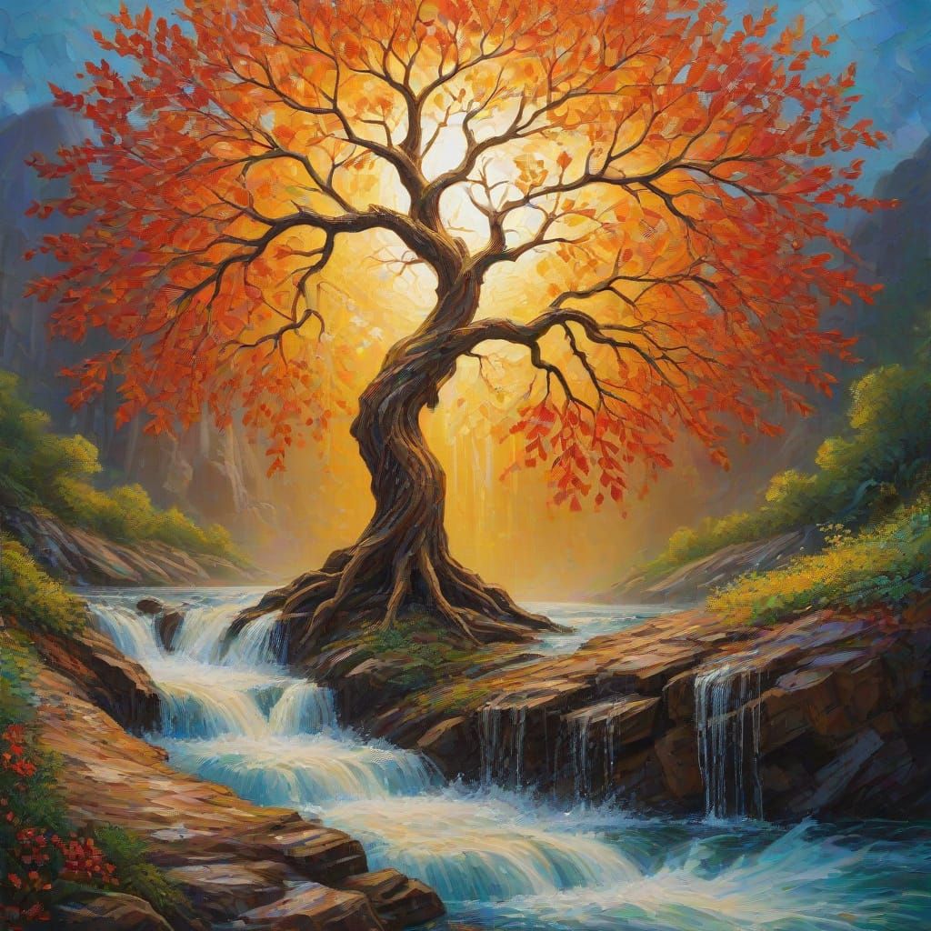 Tree of Life at Waterfall: Neo-Impressionist Oil Painting