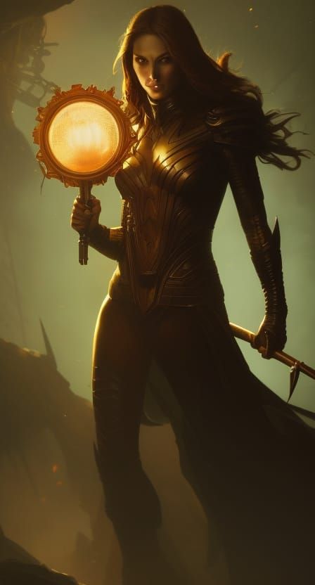 Woman in Mechanical Armor with Magic Mirror