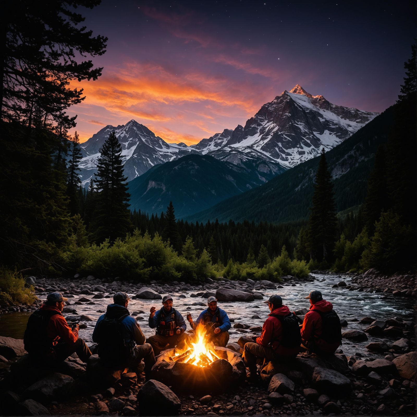 Campfire by Whitewater Rapids at Sunset