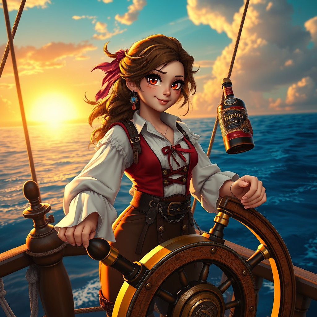 Pirate Girl at Frigate Helm in Fantasy Style