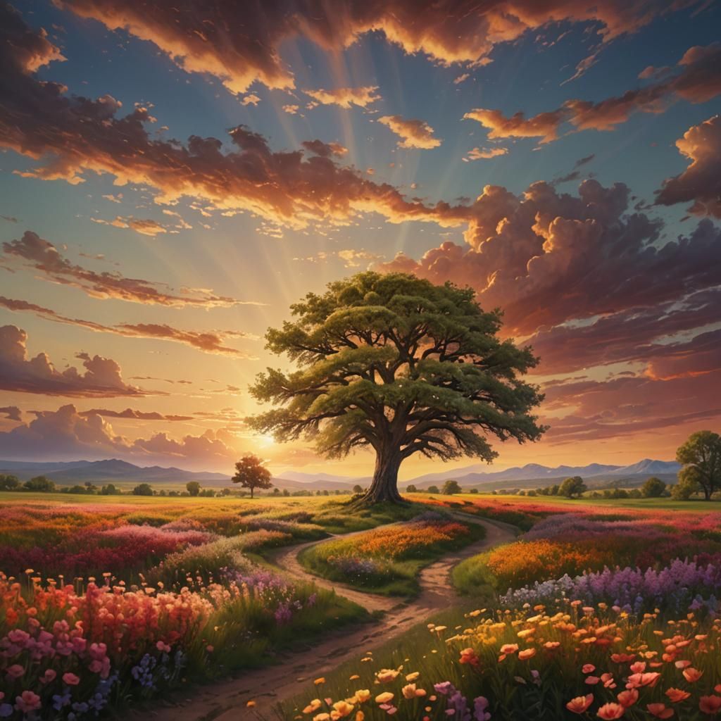 Sunset Tree in Flower Field: Digital Matte Painting