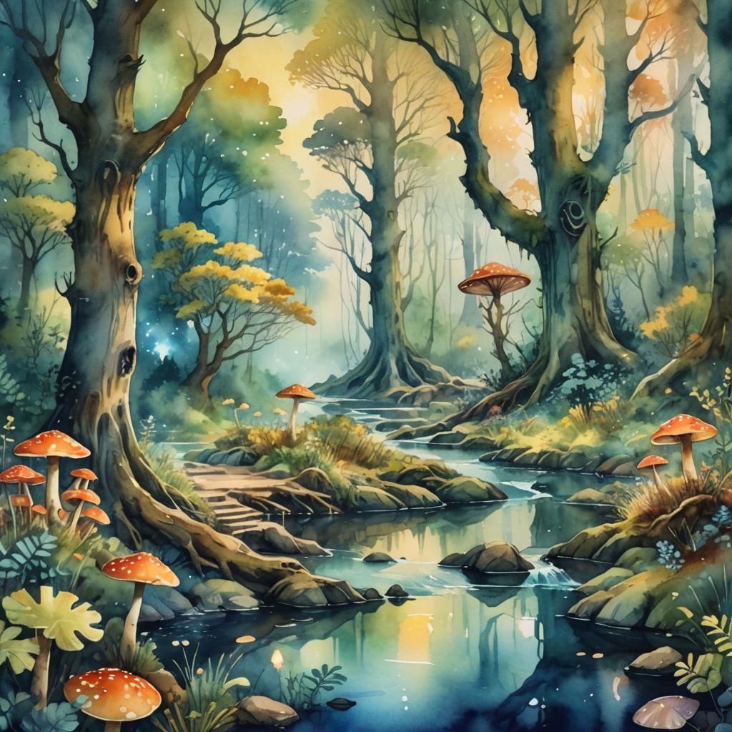 Mystical Forest in Watercolor Art Style