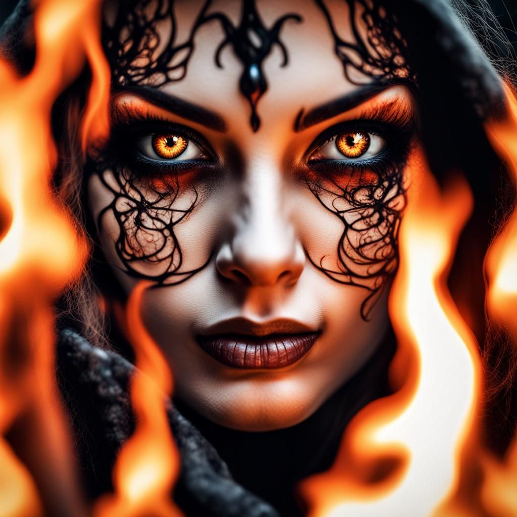 Burning Eyes Reflecting a Witch in Flames