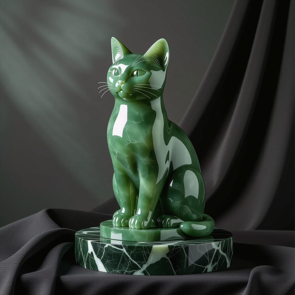 Jade Cat Sculpture on Marble Base, Photorealistic